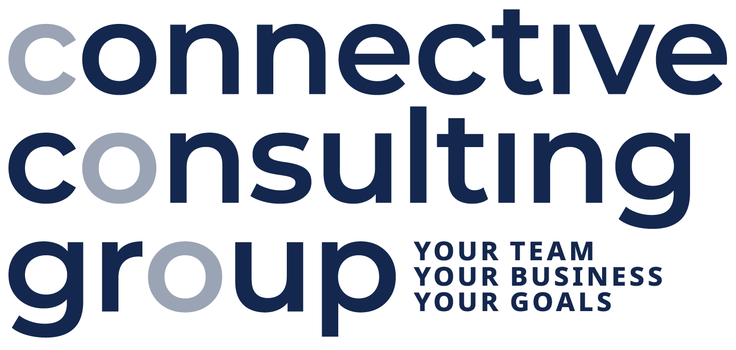 A green background with blue letters that say connected consulting group.