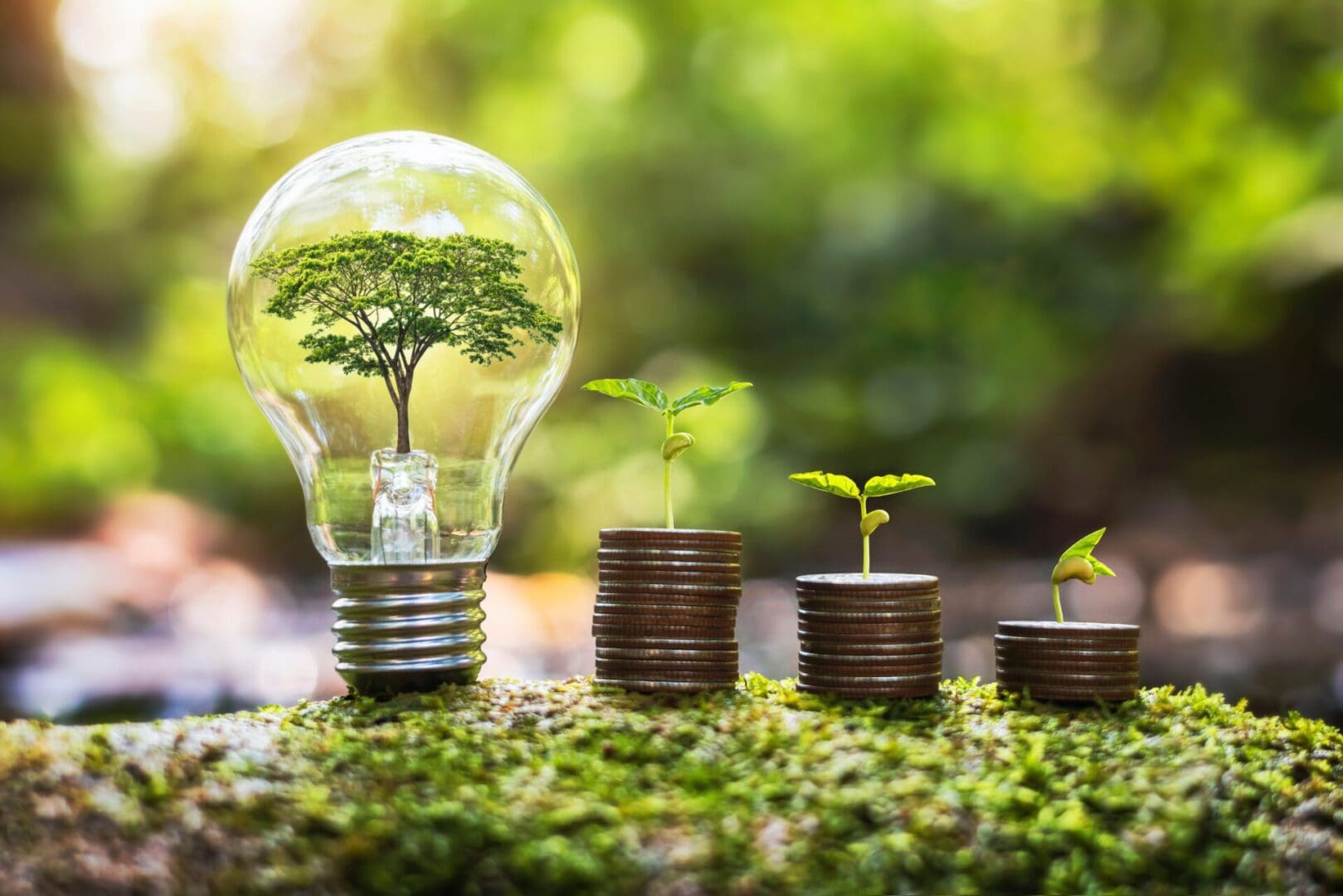 A light bulb with plants growing inside of it