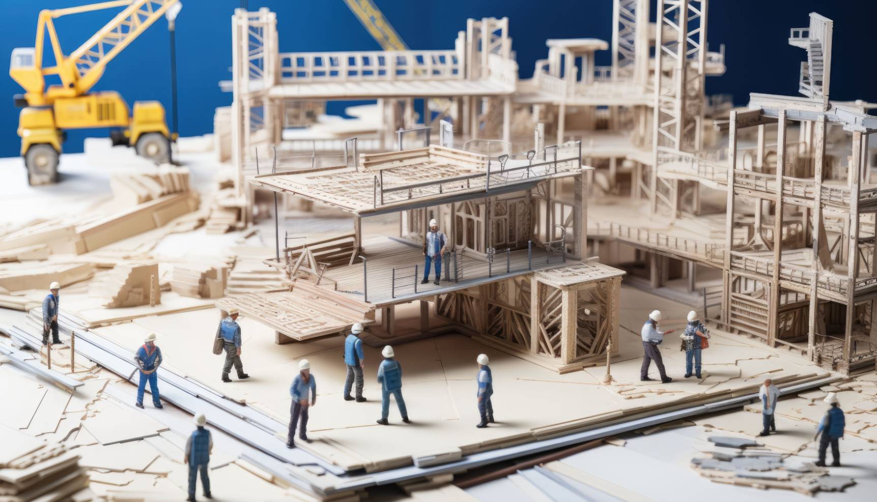 A model of construction with workers standing on the ground.