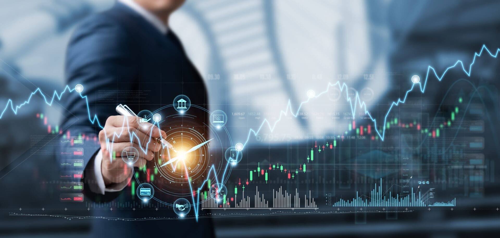 Businessman drawing business growth graph and compass of navigate guiding global market direction, business strategy Banking and finance stock market, achieving investment goals in the global economy.