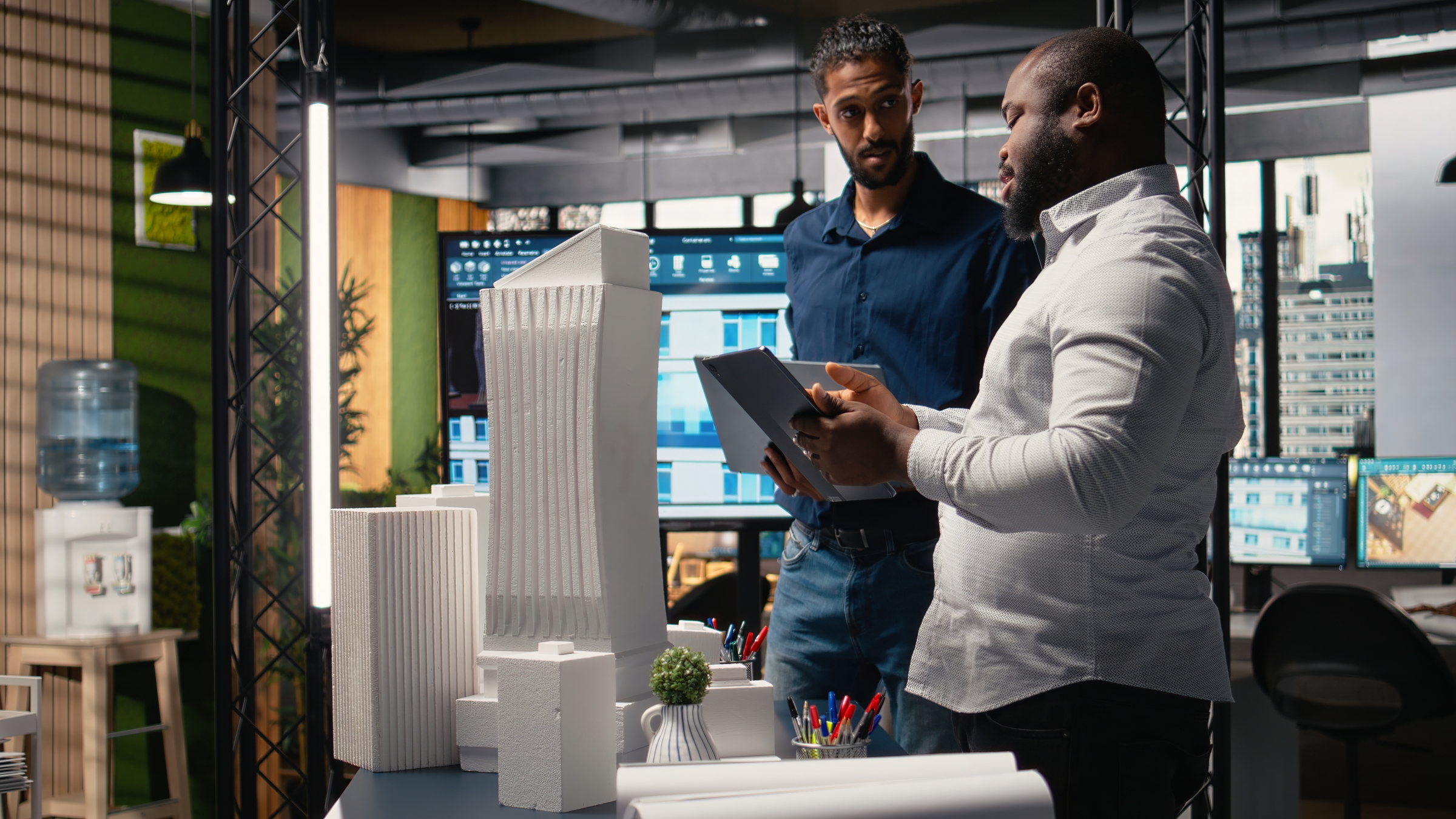 AEC leaders reviewing a building model and project plans together to maintain momentum during organizational change in the Architectural, Engineering, and Construction industry.