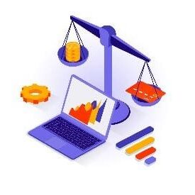 A laptop and scale with some different objects on it