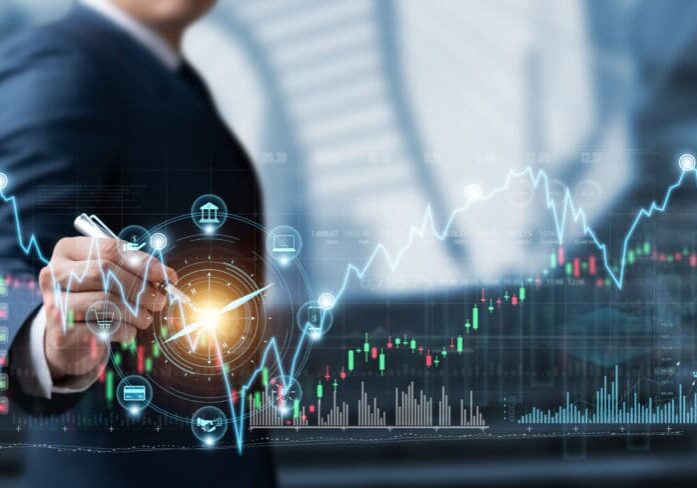 Businessman drawing business growth graph and compass of navigate guiding global market direction, business strategy Banking and finance stock market, achieving investment goals in the global economy.