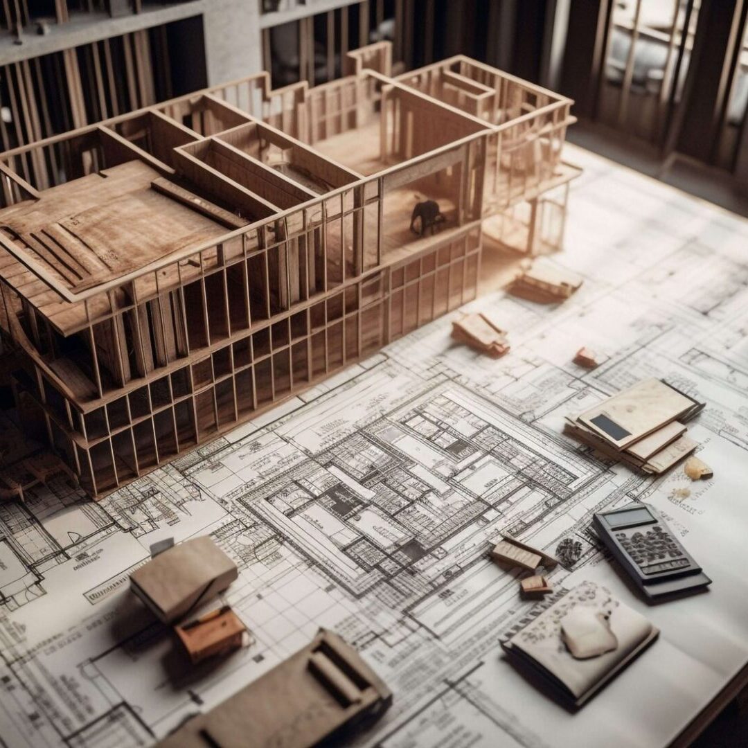 A model of an unfinished building with construction materials.